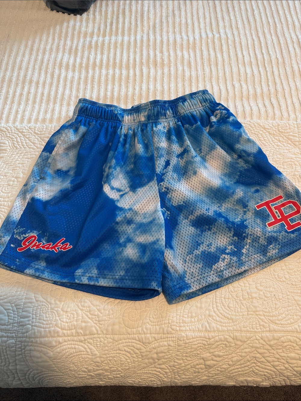 Inaka Power Blue Tie-Dye Athletic Mesh Shorts with Red Logo